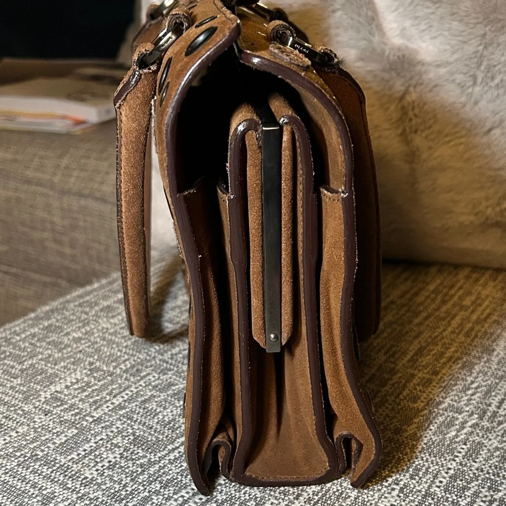 353. Prada Brown Suede Grommet Frame Shoulder Bag/coa